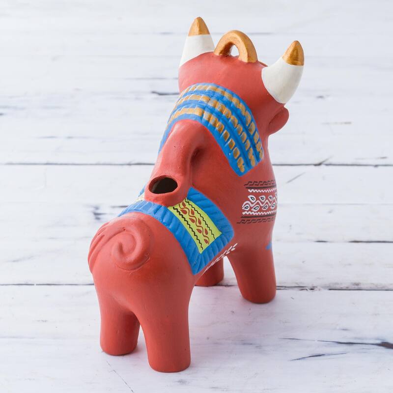 Handmade Ceramic Statuette, 'Festive Pucara Bull' (Peru)
