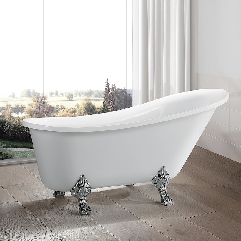 Vanity Art 68.9" Freestanding White Acrylic Bathtub Modern Stand Alone Soaking Tub with Polished Chrome & Pop-up Drain