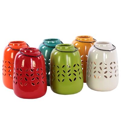 Urban Trends Collection Ceramic Tea Light Lantern with Metal Handle (Set of 6)