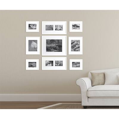 9 Piece White Photo Frame Gallery Wall Kit with Decorative Art Prints & Hanging Template
