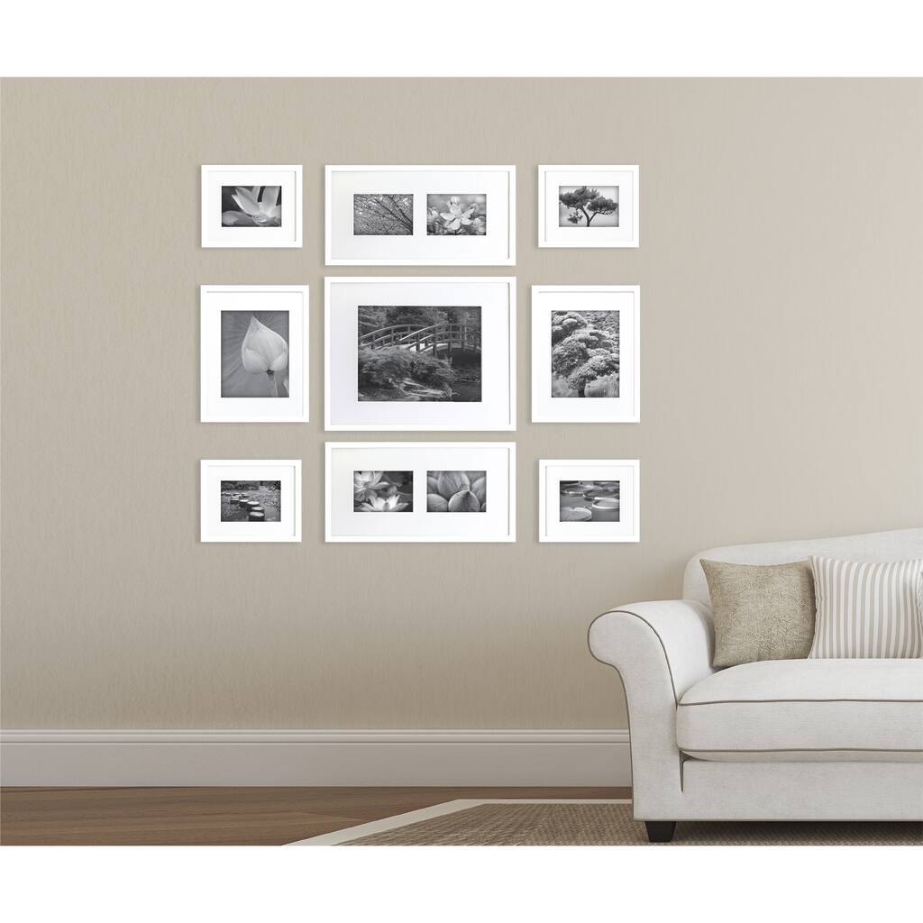 9 Piece White Photo Frame Gallery Wall Kit with Decorative Art Prints & Hanging Template