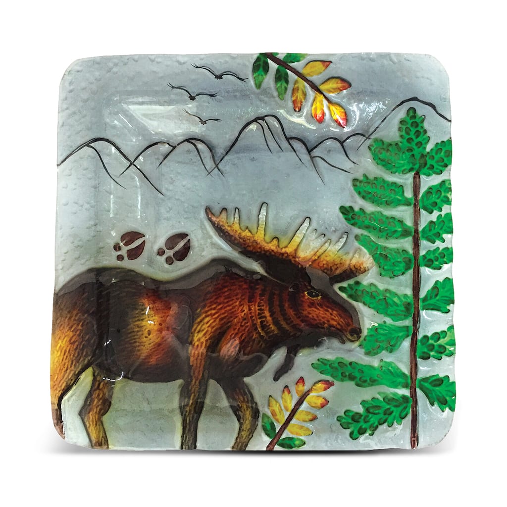 8-Inch Clear Square Plate Moose Glass Decor