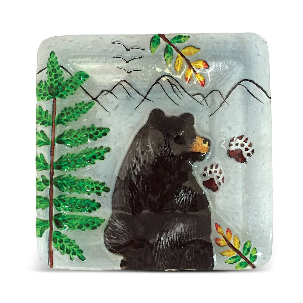 8-Inch Clear Square Plate Black Bear Glass Decor