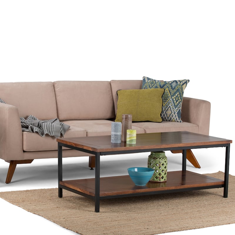 WYNDENHALL Rhonda SOLID MANGO WOOD and Metal 48 inch Wide Rectangle Industrial Coffee Table in Dark Cognac Brown - No - 48 W x 24 D x 18 H - Transitional/Industrial - Solid Wood - Legs - Cognac - Rectangular - Wood/Steel - Wood/Steel - Wood/Steel - Cocktail Tables/Coffee Tables - Stained - Assembly Required - Table