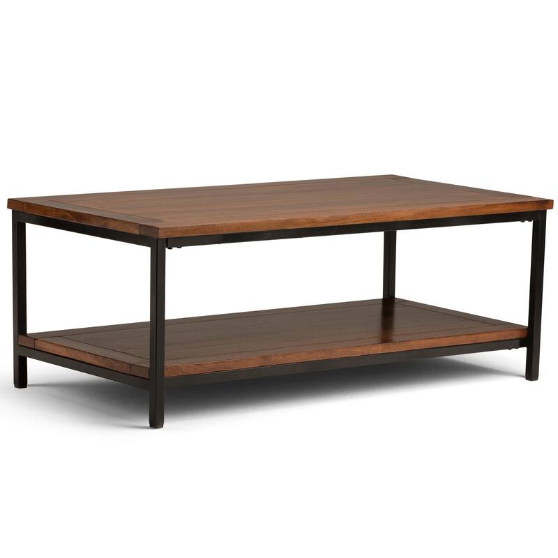 WYNDENHALL Rhonda SOLID MANGO WOOD and Metal 48 inch Wide Rectangle Industrial Coffee Table in Dark Cognac Brown