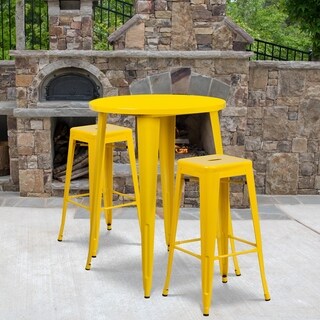 Lancaster Home 30 inch Round Metal Indoor-Outdoor Bar Table Set with 2 Backless Stools - 30 inchW x 30 inchD x 41 inchH (Yellow)