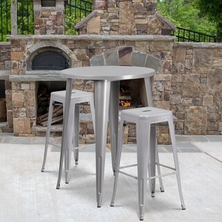 Lancaster Home 30 inch Round Metal Indoor-Outdoor Bar Table Set with 2 Backless Stools - 30 inchW x 30 inchD x 41 inchH (Silver)