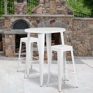Lancaster Home 30 inch Round Metal Indoor-Outdoor Bar Table Set with 2 Backless Stools - 30 inchW x 30 inchD x 41 inchH (White)
