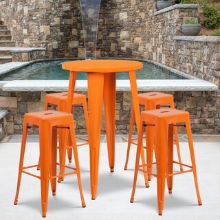 Lancaster Home 24 inch Round Metal Indoor-Outdoor Bar Table Set with 4 Backless Stools (Orange)