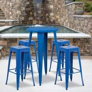 Lancaster Home 24 inch Round Metal Indoor-Outdoor Bar Table Set with 4 Backless Stools (Blue)