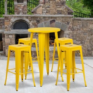 Lancaster Home 24 inch Round Metal Indoor-Outdoor Bar Table Set with 4 Backless Stools (Yellow)