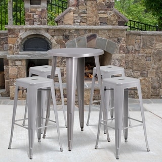 Lancaster Home 24 inch Round Metal Indoor-Outdoor Bar Table Set with 4 Backless Stools (Silver)