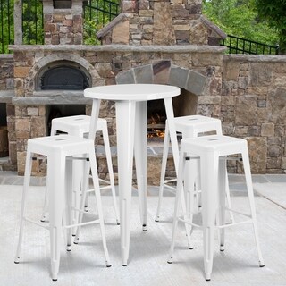 Lancaster Home 24 inch Round Metal Indoor-Outdoor Bar Table Set with 4 Backless Stools (White)