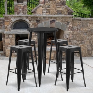 Lancaster Home 24 inch Round Metal Indoor-Outdoor Bar Table Set with 4 Backless Stools (Black)