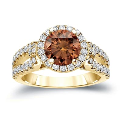Auriya 1 1/2ctw Round Brown Diamond Halo Engagement Ring 14k Gold