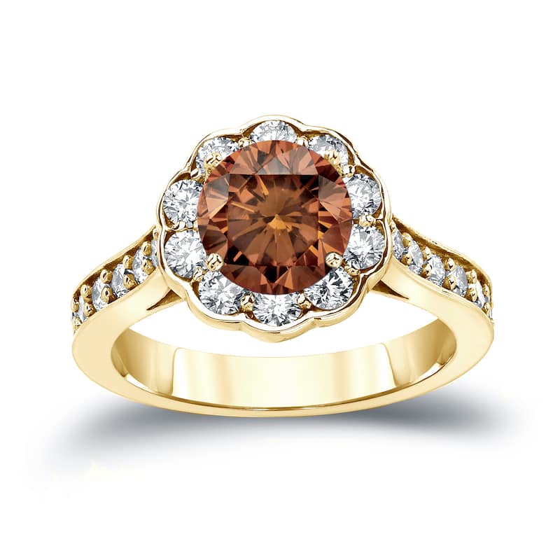 14k Gold Round 1 3/4ct TDW Brown Diamond Halo Engagement Ring by Auriya