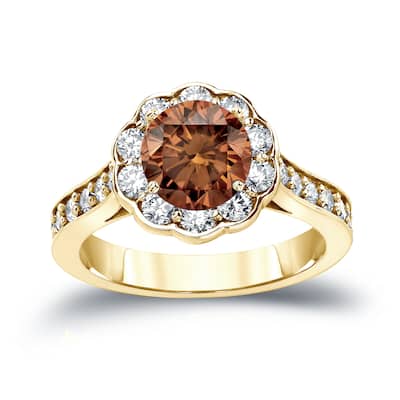 14k Gold Round 1 3/4ct TDW Brown Diamond Halo Engagement Ring by Auriya