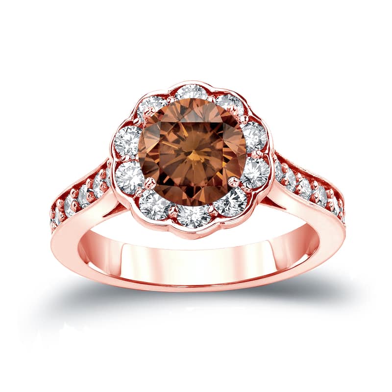 14k Gold Round 1 3/4ct TDW Brown Diamond Halo Engagement Ring by Auriya
