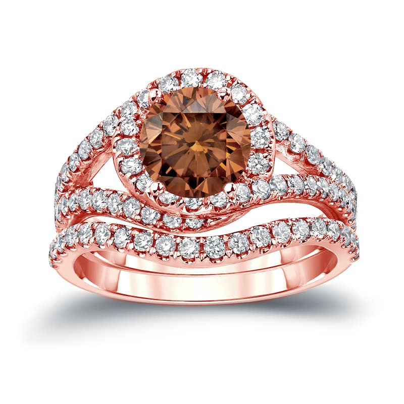 14k Gold Round 1 7/8ct TDW Brown Diamond Halo Engagement Ring Set by Auriya