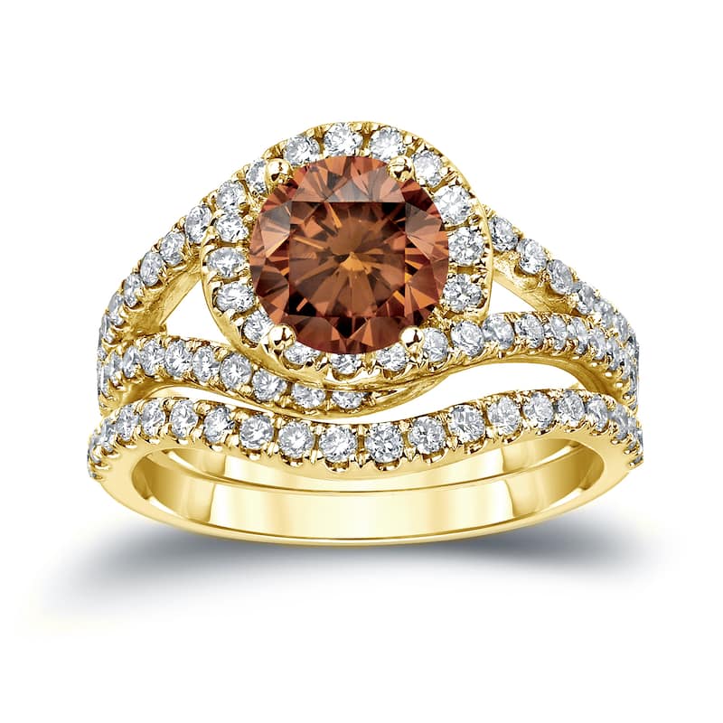 14k Gold Round 1 7/8ct TDW Brown Diamond Halo Engagement Ring Set by Auriya