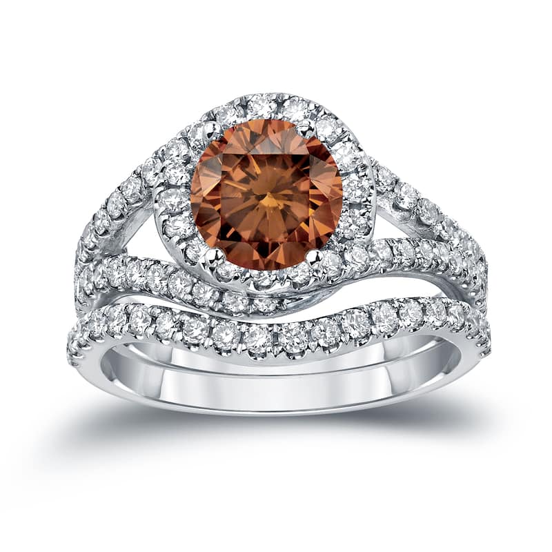 14k Gold Round 1 7/8ct TDW Brown Diamond Halo Engagement Ring Set by Auriya