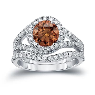 14k Gold Round 1 7/8ct TDW Brown Diamond Halo Engagement Ring Set by Auriya