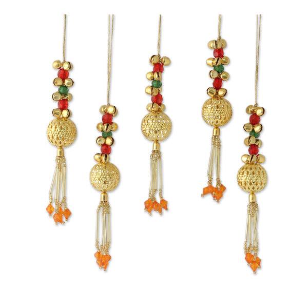 Handmade Set of 5 Beaded Brass Ornaments, 'Jingle Bells' (India ...