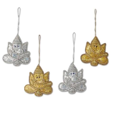 Handmade Set of 4 Beaded Ornaments, 'Happy Ganesha' (India)