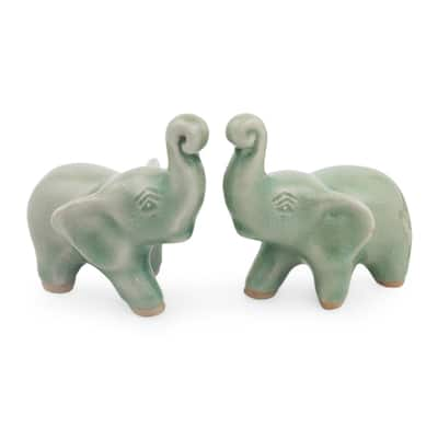 Handmade Lucky Green Elephants Celadon Ceramic Figurines, Set of 2 (Thailand)