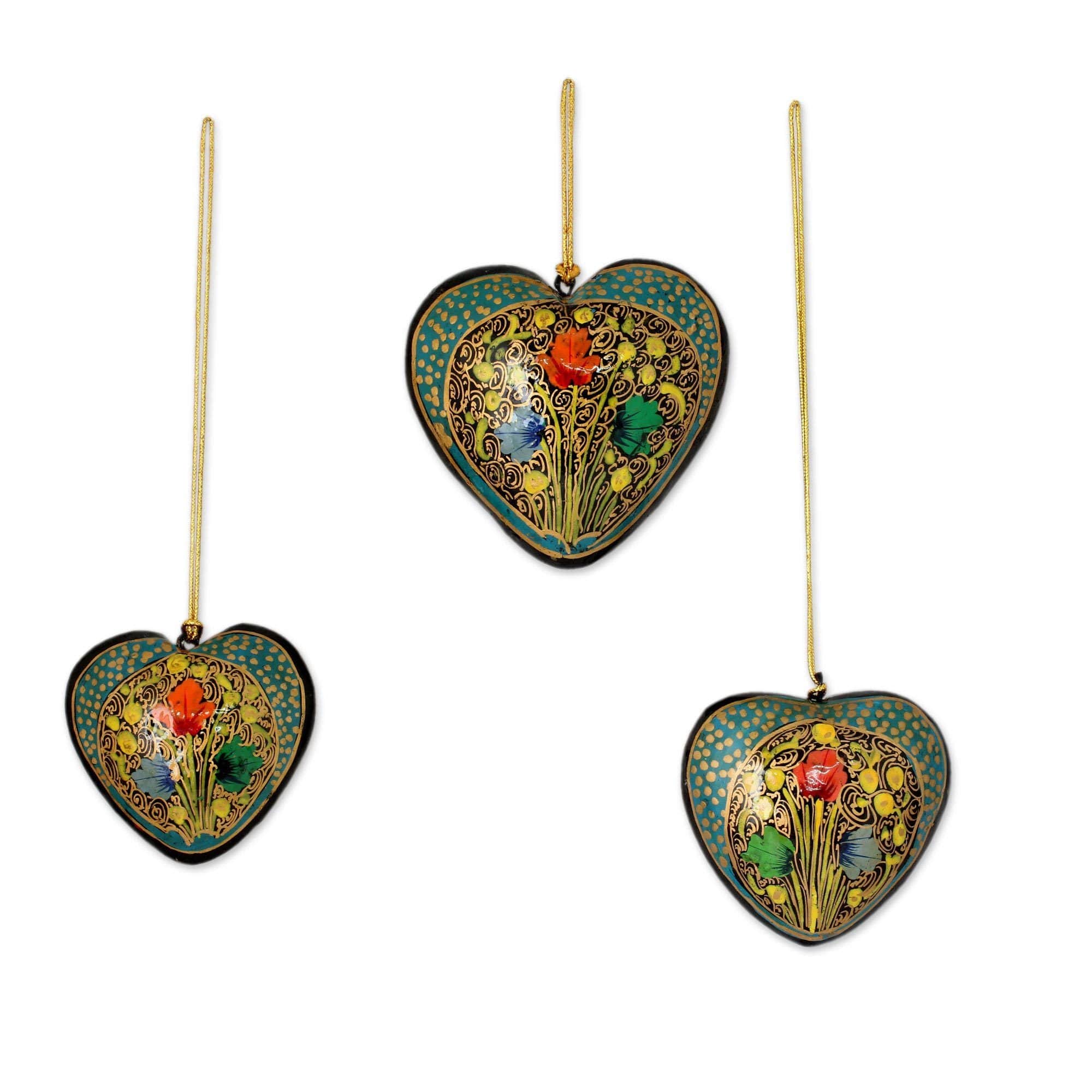 Handmade Set Of 3 Papier Mache Ornaments, Floral Heart Handmade Set Of 3 Papier Mache Ornaments, Floral Heart