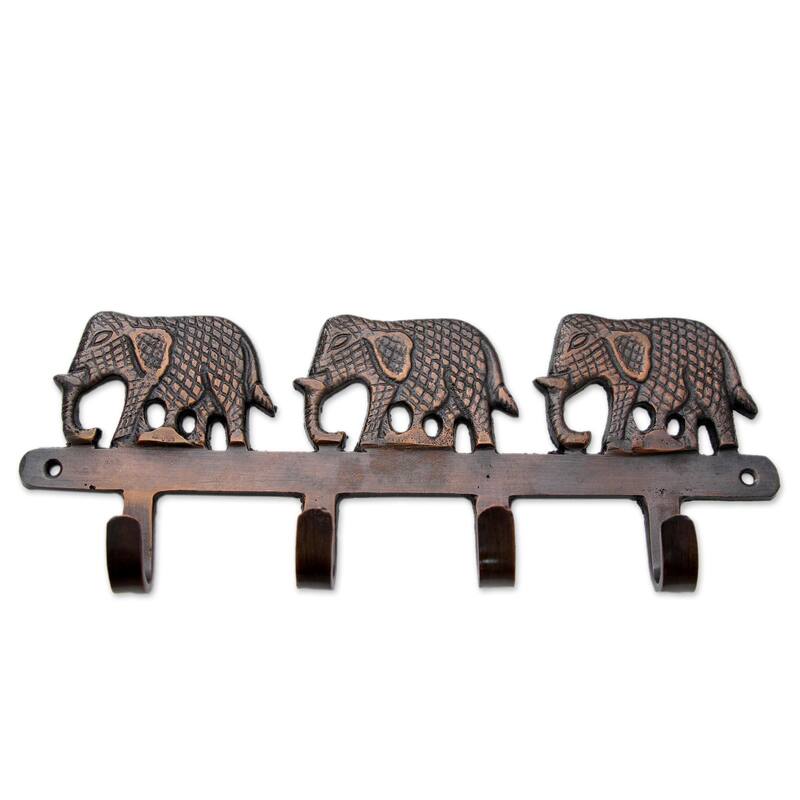 Handmade Brass Key Holder, 'Adventurous Elephants' (India)