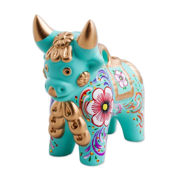Handmade Ceramic Figurine, 'Aqua Pucara Bull' (Peru)