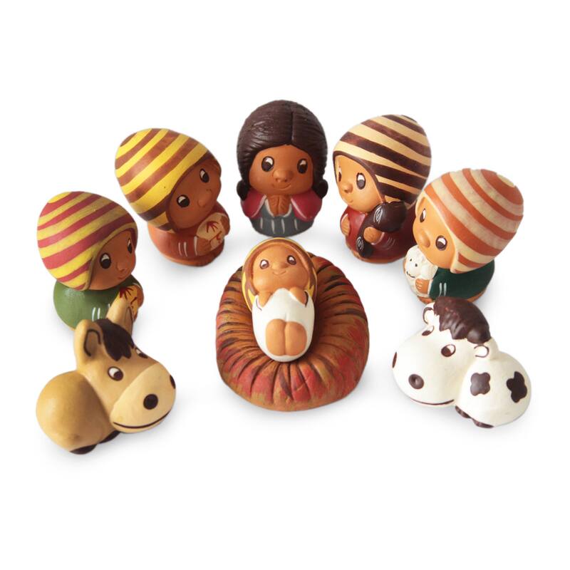 Ceramic 9-piece Nativity Scene, 'L'il Nativity' (Peru)