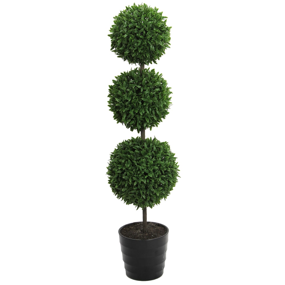 23-inch Potted Triple Ball Faux Tabletop English Boxwood, Green