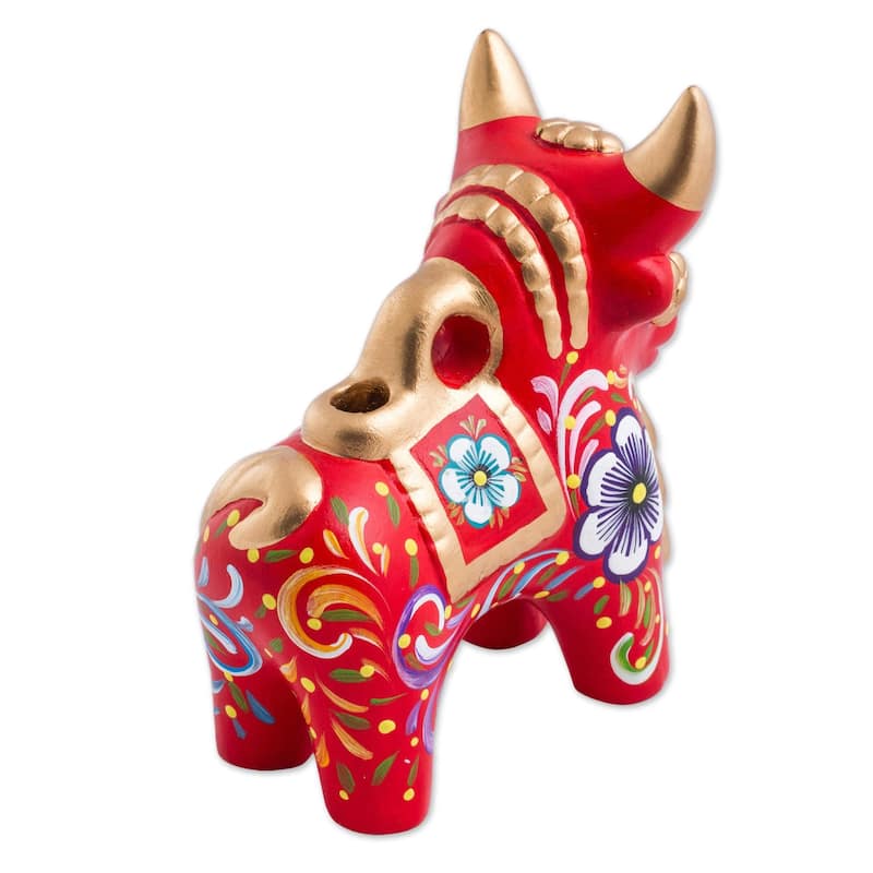 Handmade Ceramic Figurine, 'Red Pucara Bull' (Peru)