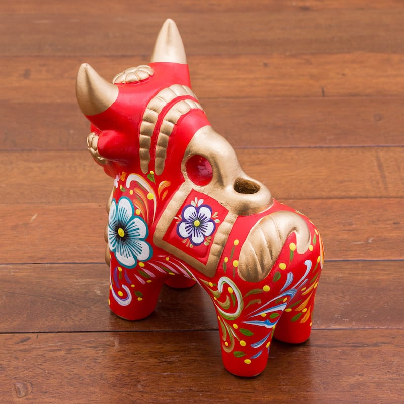 Handmade Ceramic Figurine, 'Red Pucara Bull' (Peru)