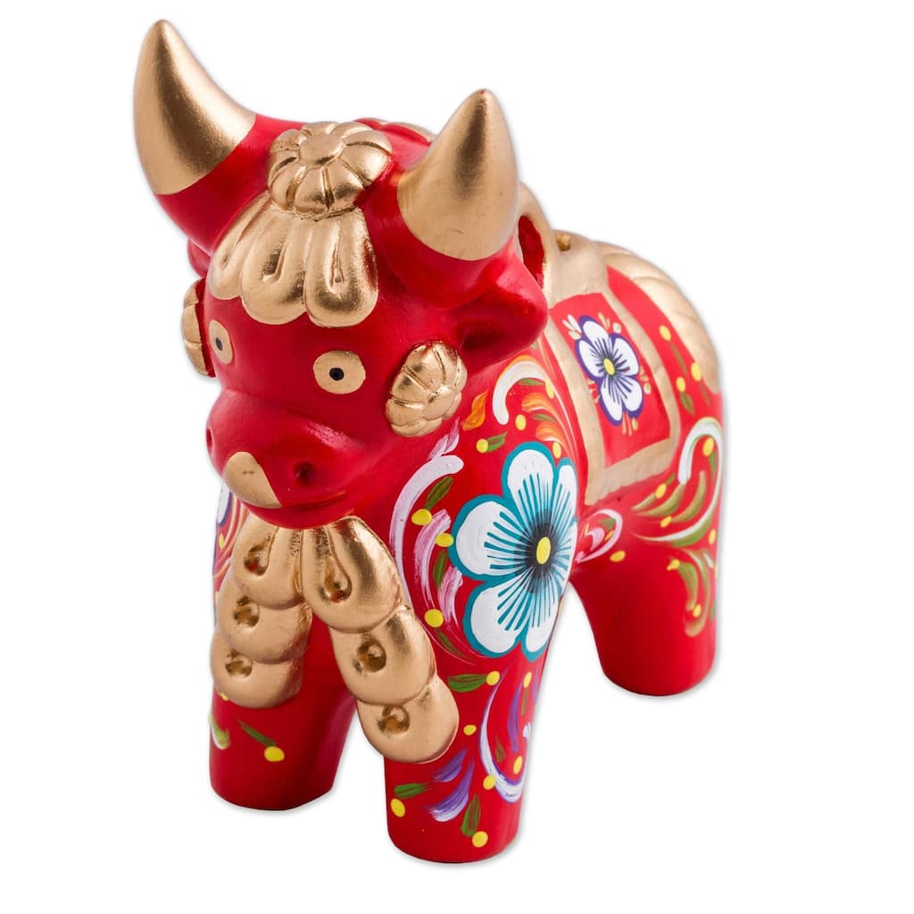 Handmade Ceramic Figurine, 'Red Pucara Bull' (Peru)