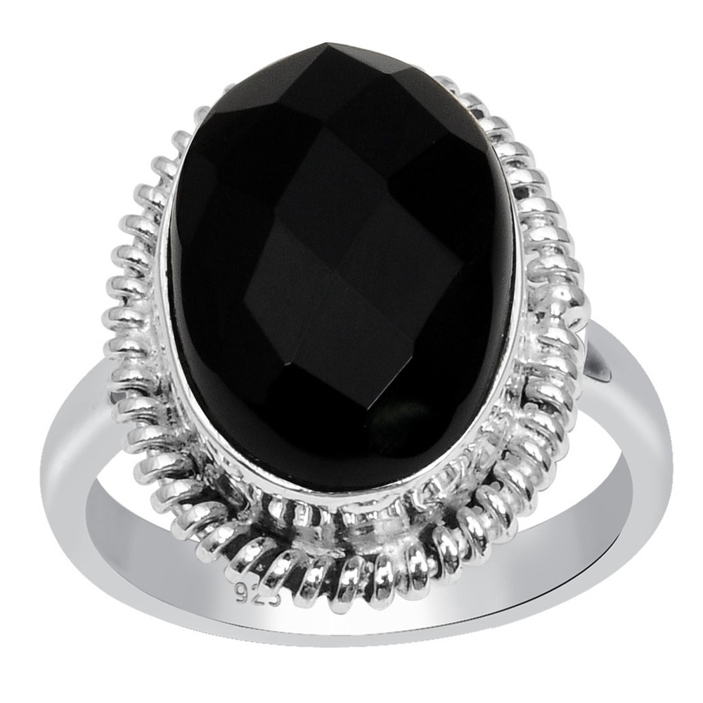 Jewels House Mid Night Black Onyx Oval Cut Gemstone Silver Plated Handmade Statement Ring US-9.5