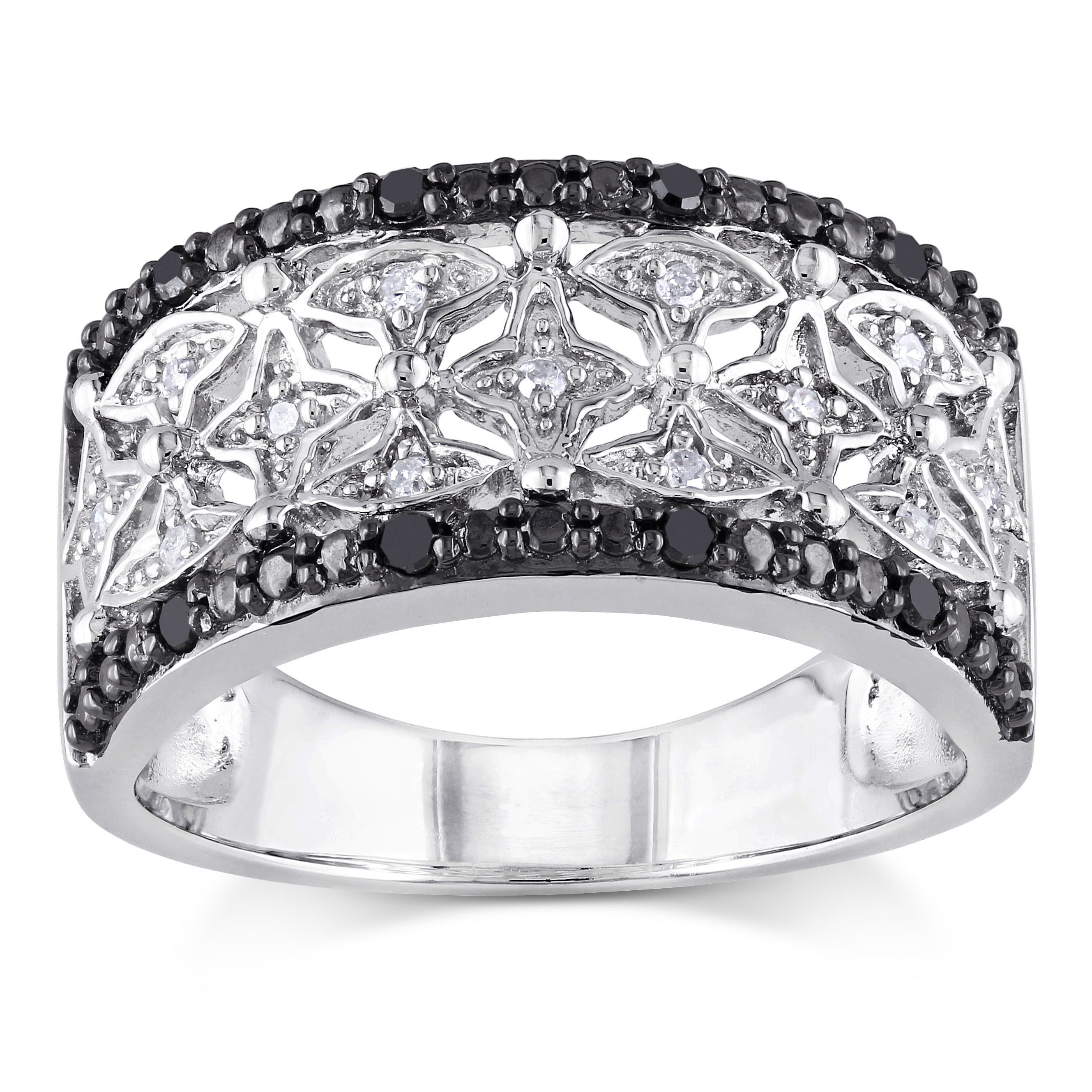 Miadora Sterling Silver and Black Rhodium 1/7ct TDW Black and White Diamond Four-Pont-Star Anniversa