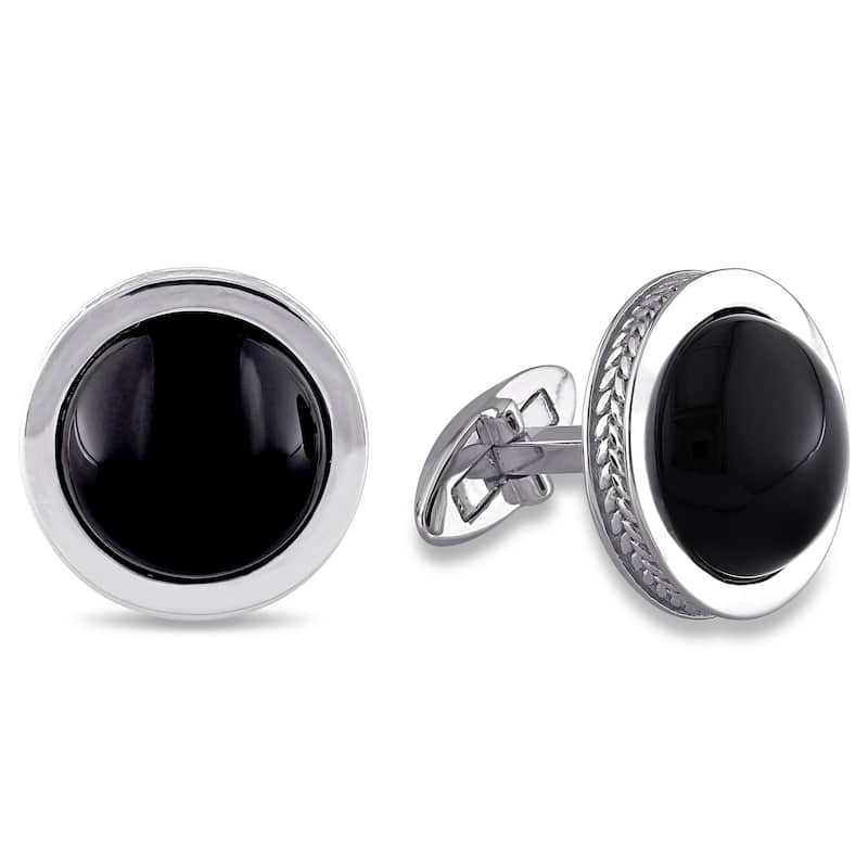 Miadora Sterling Silver Cabochon Flat Bottom-Cut Bezel Set Black Onyx Polished Halo Cufflinks