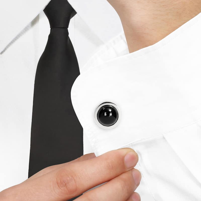 Miadora Sterling Silver Cabochon Flat Bottom-Cut Bezel Set Black Onyx Polished Halo Cufflinks