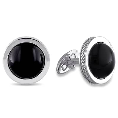 Miadora Sterling Silver Cabochon Flat Bottom-Cut Bezel Set Black Onyx Polished Halo Cufflinks