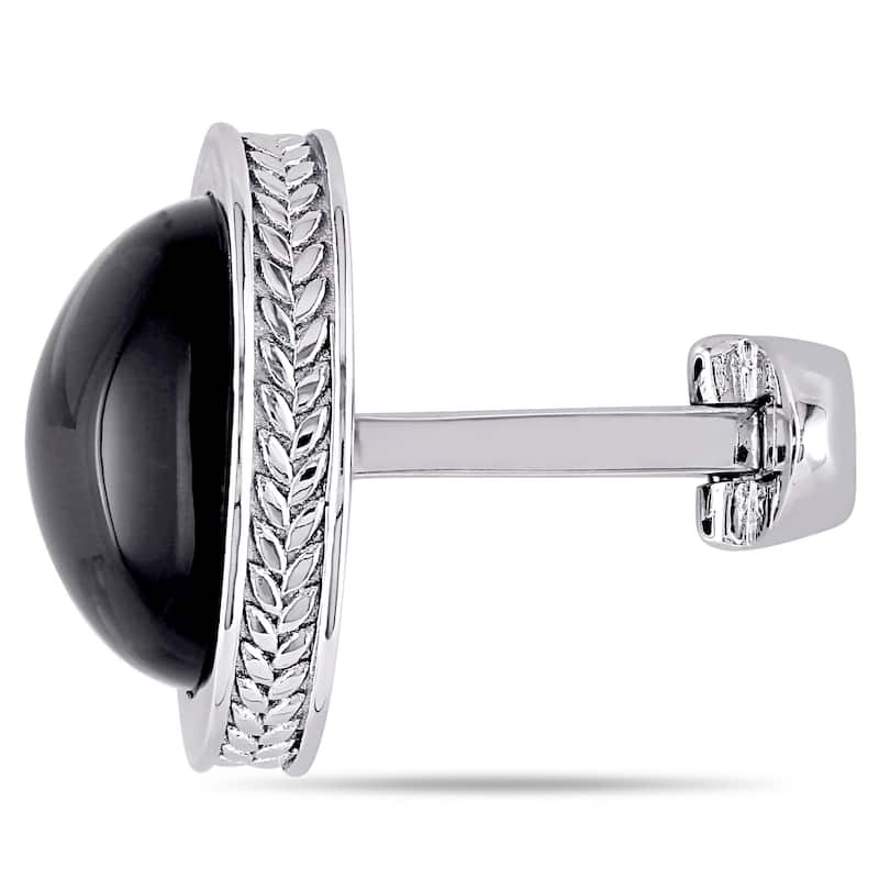 Miadora Sterling Silver Cabochon Flat Bottom-Cut Bezel Set Black Onyx Polished Halo Cufflinks