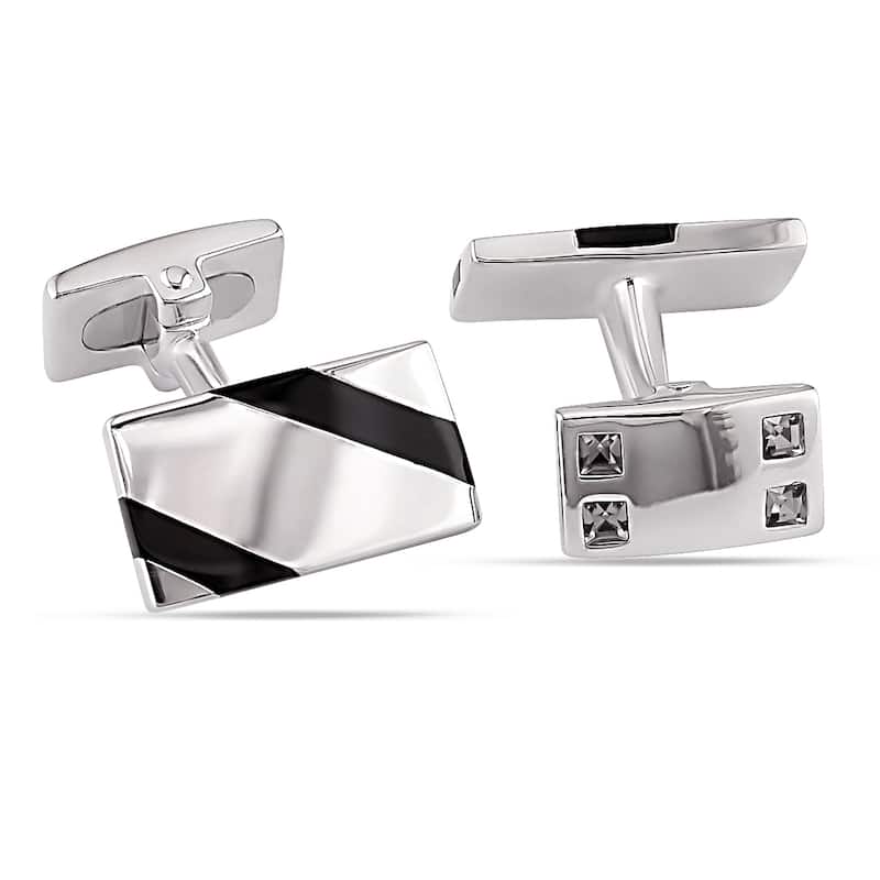 Miadora Sterling Silver Black Onyx and White Crystal Diagonal Striped Rectangular Cufflinks