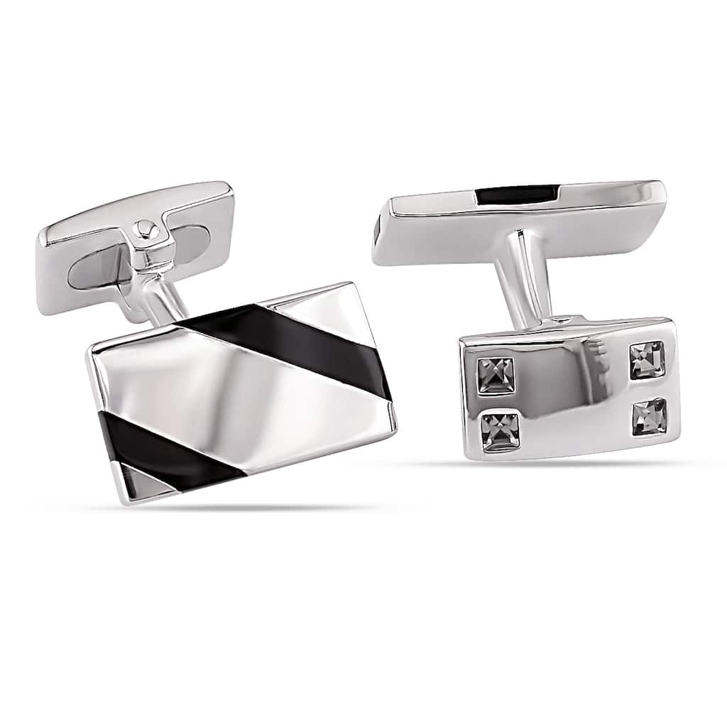 Miadora Sterling Silver Black Onyx and White Crystal Diagonal Striped Rectangular Cufflinks