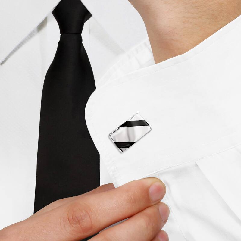 Miadora Sterling Silver Black Onyx and White Crystal Diagonal Striped Rectangular Cufflinks