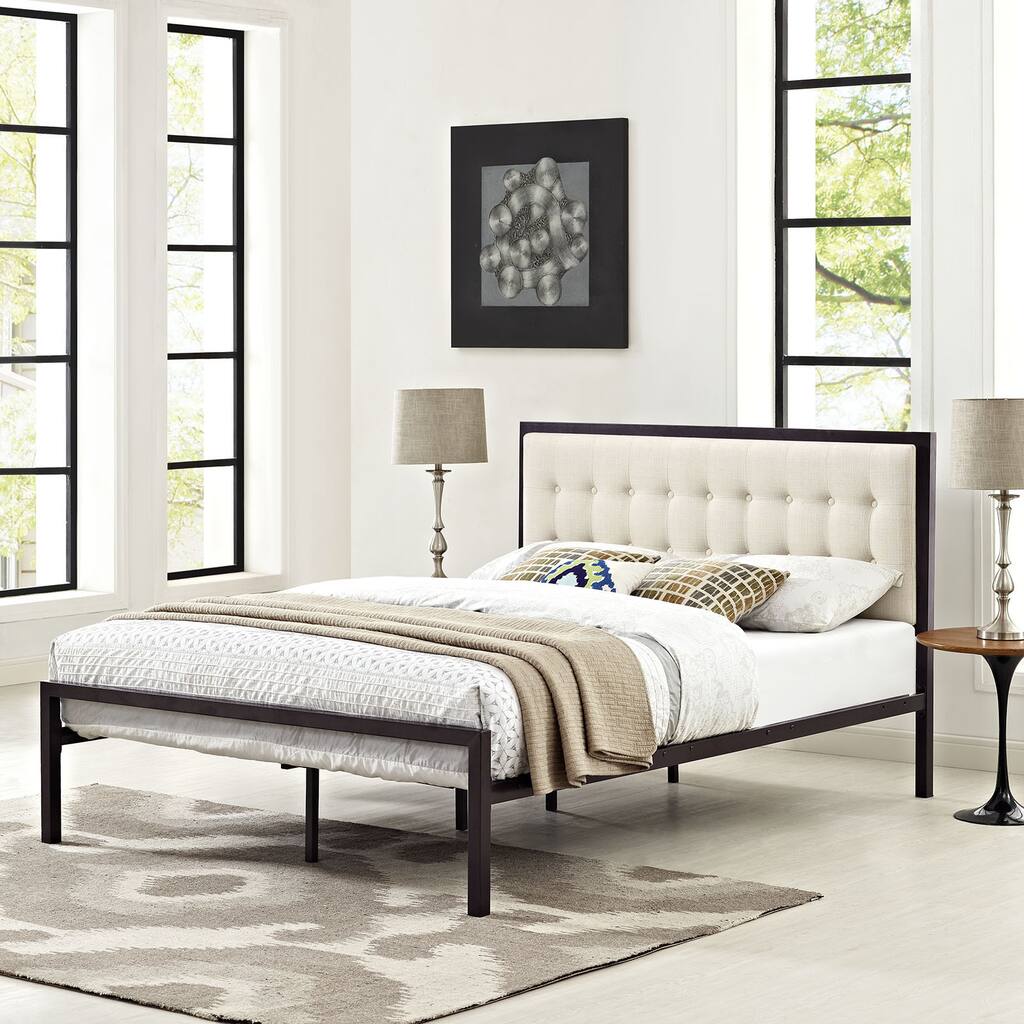 Millie Beige Button Tufted Fabric Brown Bed Frame - Overstock - 13620204