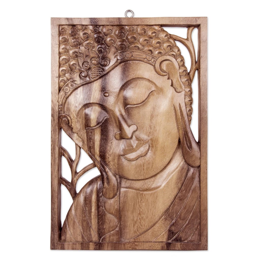 Handmade Wood Relief Panel, 'Young Buddha' (Indonesia)