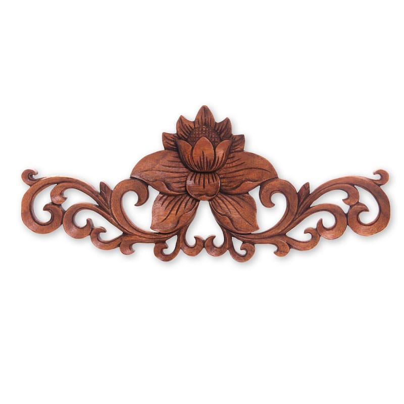 Wood Relief Panel, 'Single Lotus' (Indonesia) - 12" x 23" x 4"