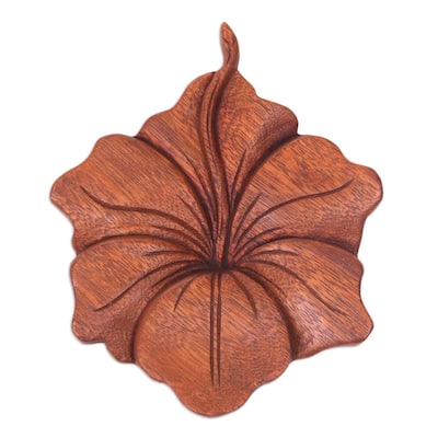 Wood Relief Panel, 'Single Hibiscus' (Indonesia) - 6.75" H x 5.75" W x 1" D